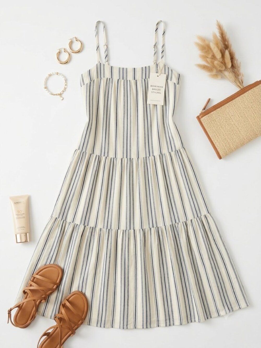 Label of Love Striped Tiered Midi Sundress Coastal Boho Size Large